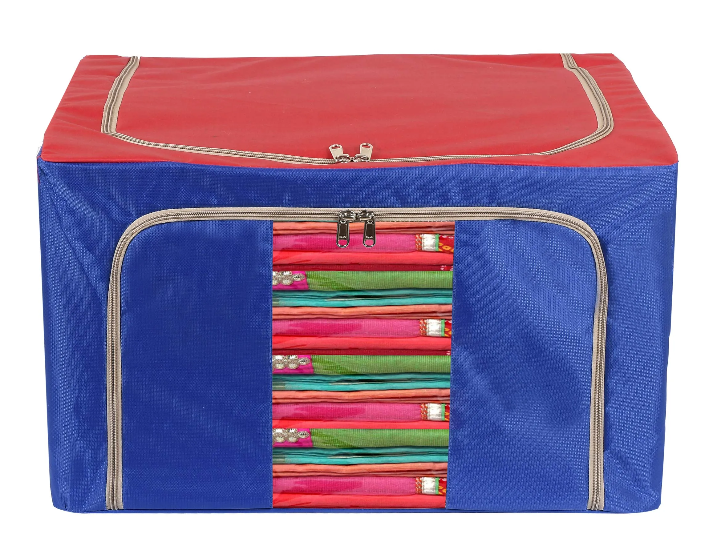 Kuber Industries Steel Frame Storage Box/Organizer For Clothing, Blankets, Bedding With Clear Window, 44Ltr. (Red & Blue)-44KM0297