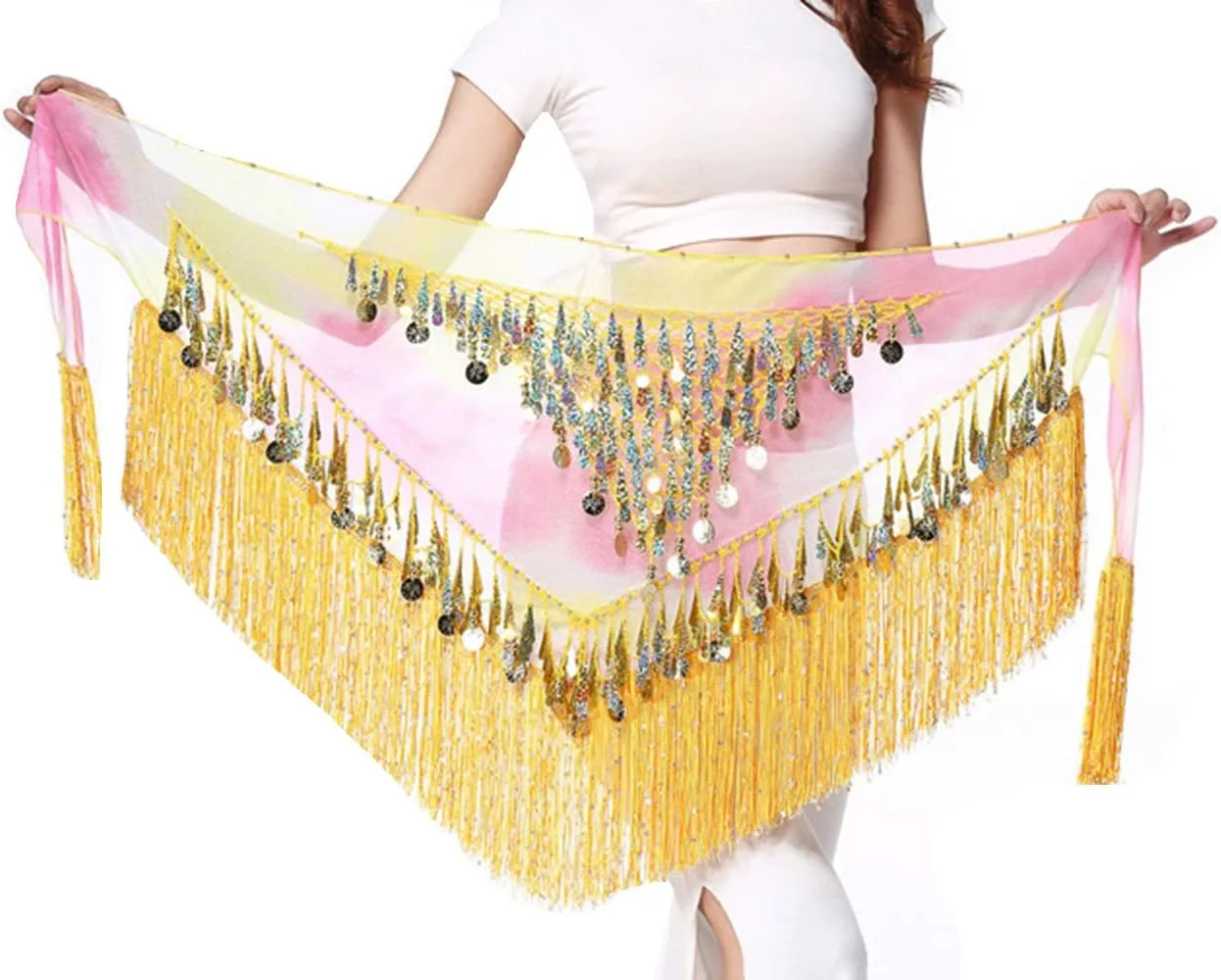 Lauthen.S Belly Dance Hip Scarf with Tassels Sequins, Triangle Coins Wrap Skirt Music Festival Clothing