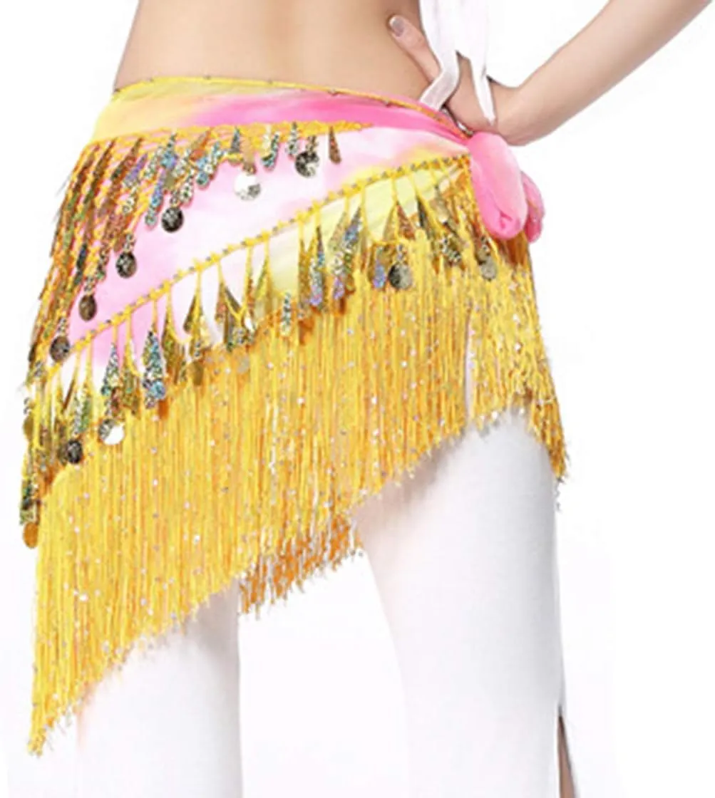 Lauthen.S Belly Dance Hip Scarf with Tassels Sequins, Triangle Coins Wrap Skirt Music Festival Clothing