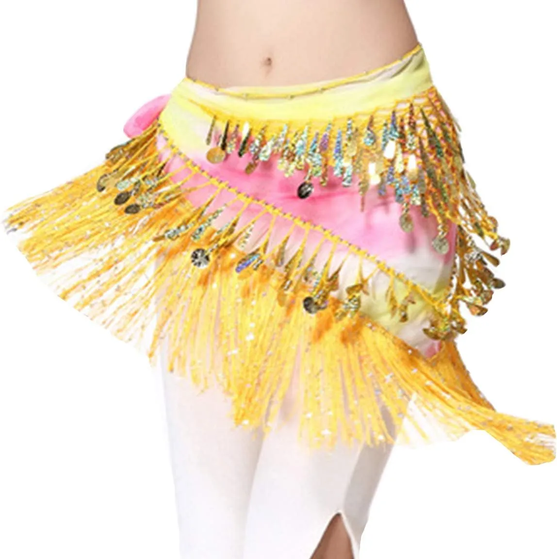 Lauthen.S Belly Dance Hip Scarf with Tassels Sequins, Triangle Coins Wrap Skirt Music Festival Clothing