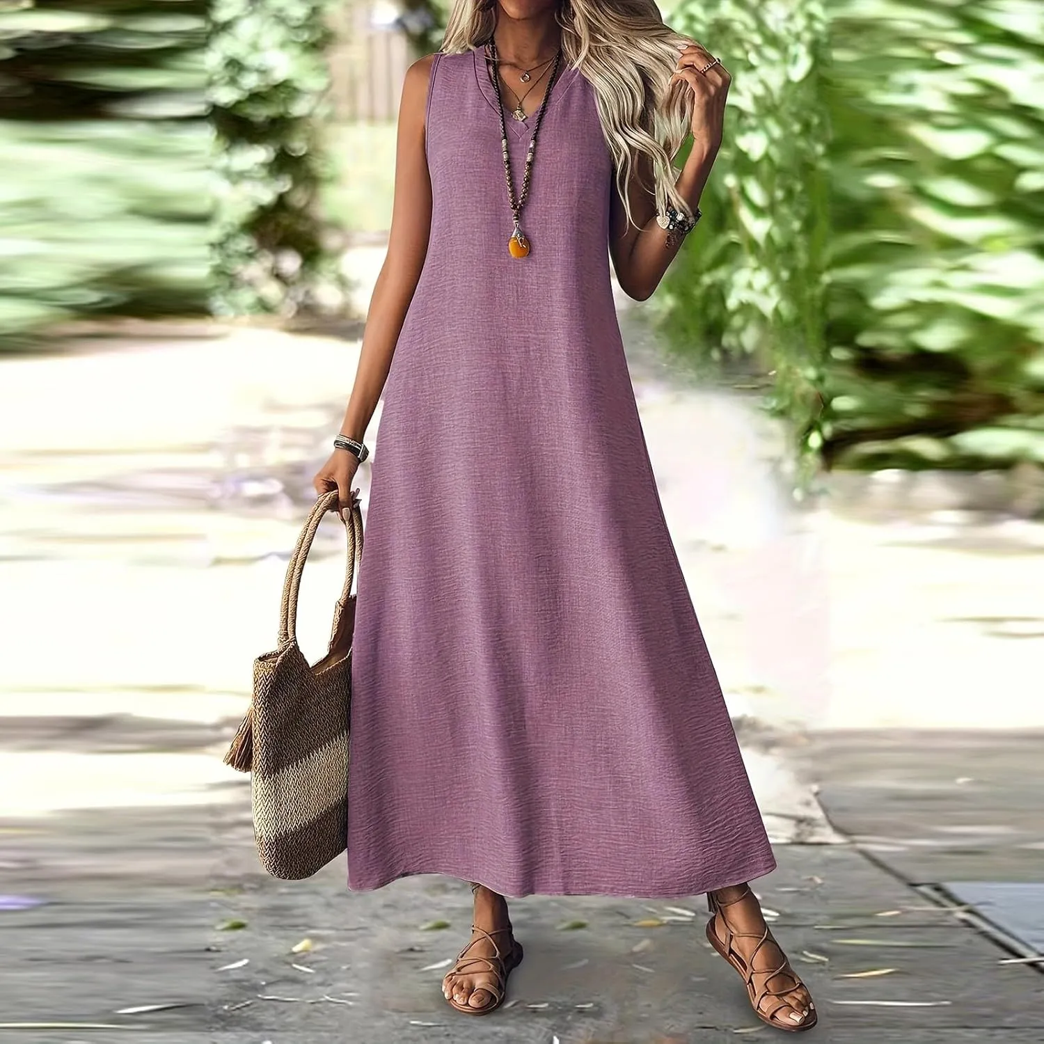Linen Dress Women Sleeveless V Neck Tunic Boho Maxi Dress Casual Summer Modest Long Flowy Beach Vacation Sun Dresses