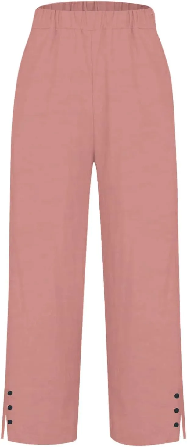 Linen Pants for Women Trendy Solid Straight Elastic Pant Long Drawstring Waist Cotton Casual Slit Plus Size Trousers