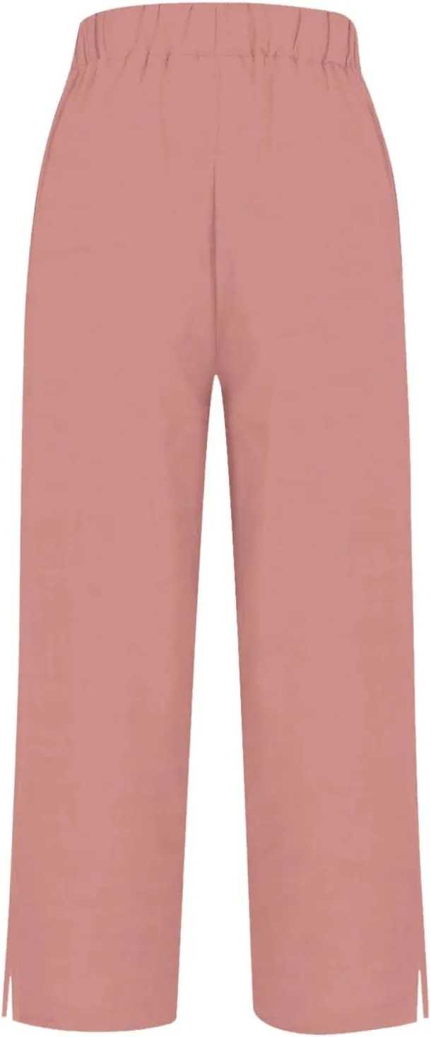 Linen Pants for Women Trendy Solid Straight Elastic Pant Long Drawstring Waist Cotton Casual Slit Plus Size Trousers