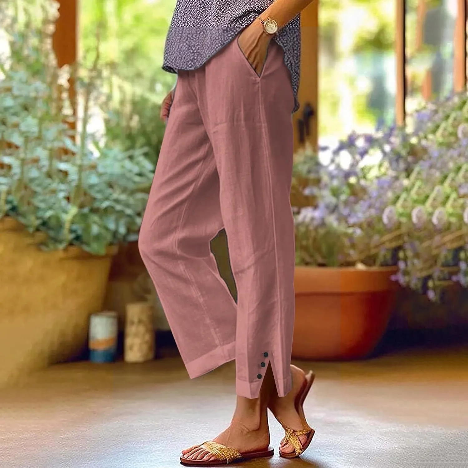 Linen Pants for Women Trendy Solid Straight Elastic Pant Long Drawstring Waist Cotton Casual Slit Plus Size Trousers