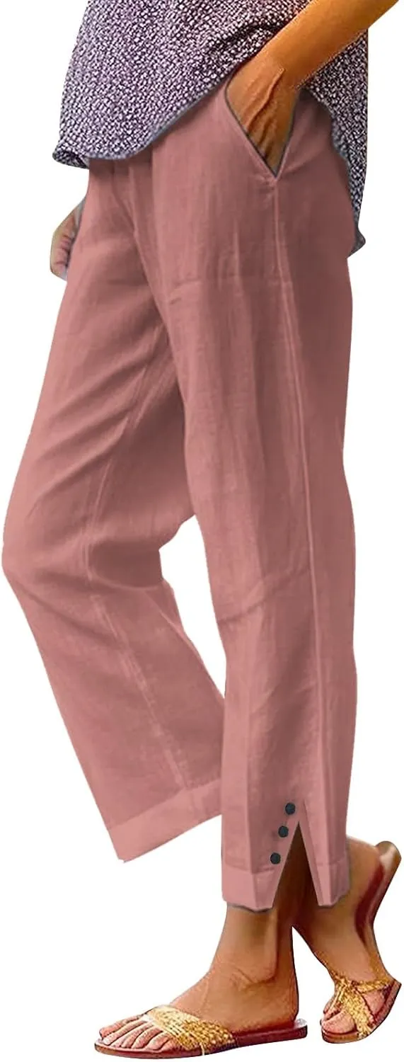 Linen Pants for Women Trendy Solid Straight Elastic Pant Long Drawstring Waist Cotton Casual Slit Plus Size Trousers