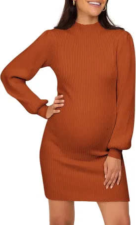 Lueluoye Maternity Sweater Dress for Pregnant Women Turtleneck Puff Sleeve Knit Slim Fit Bodycon Mini Dress