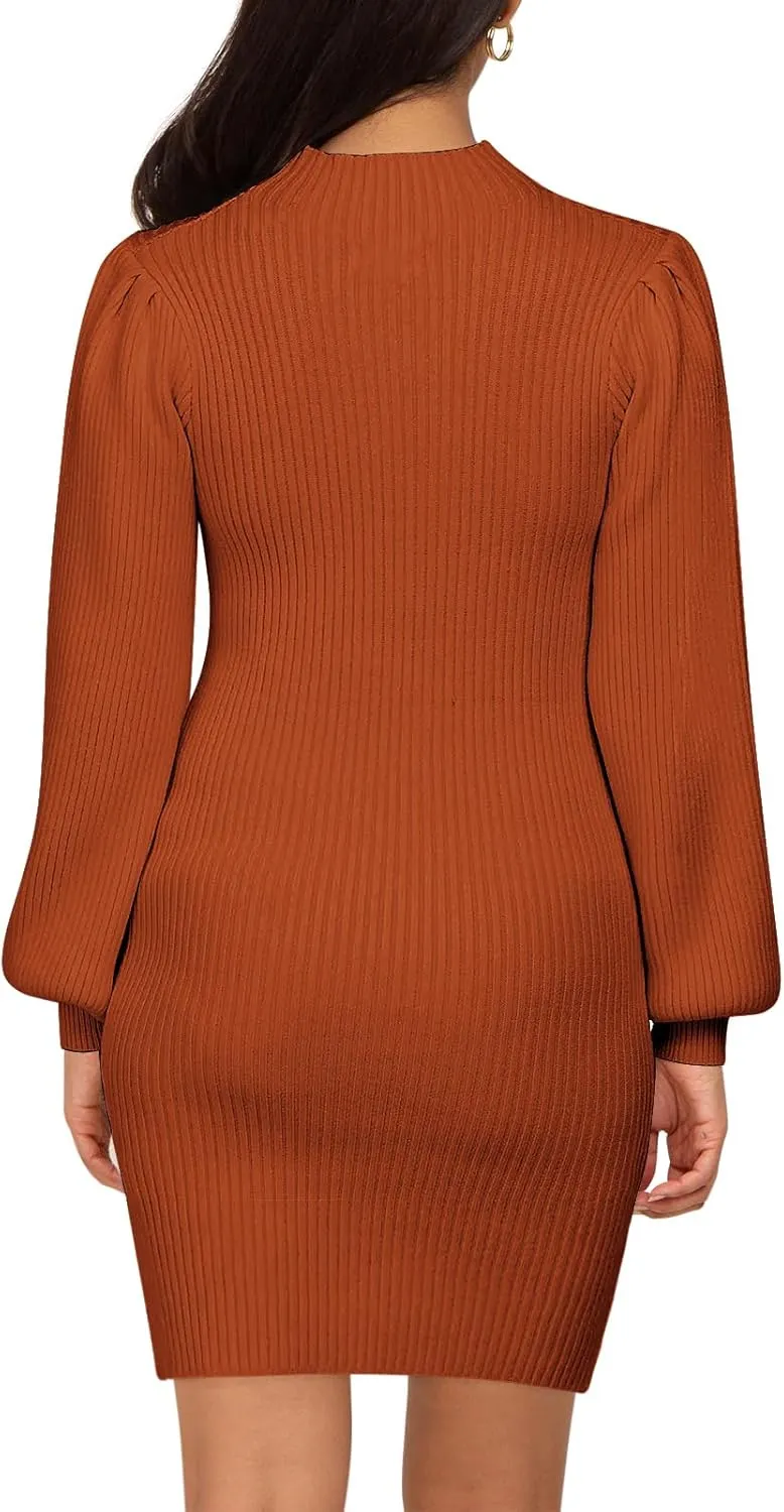 Lueluoye Maternity Sweater Dress for Pregnant Women Turtleneck Puff Sleeve Knit Slim Fit Bodycon Mini Dress