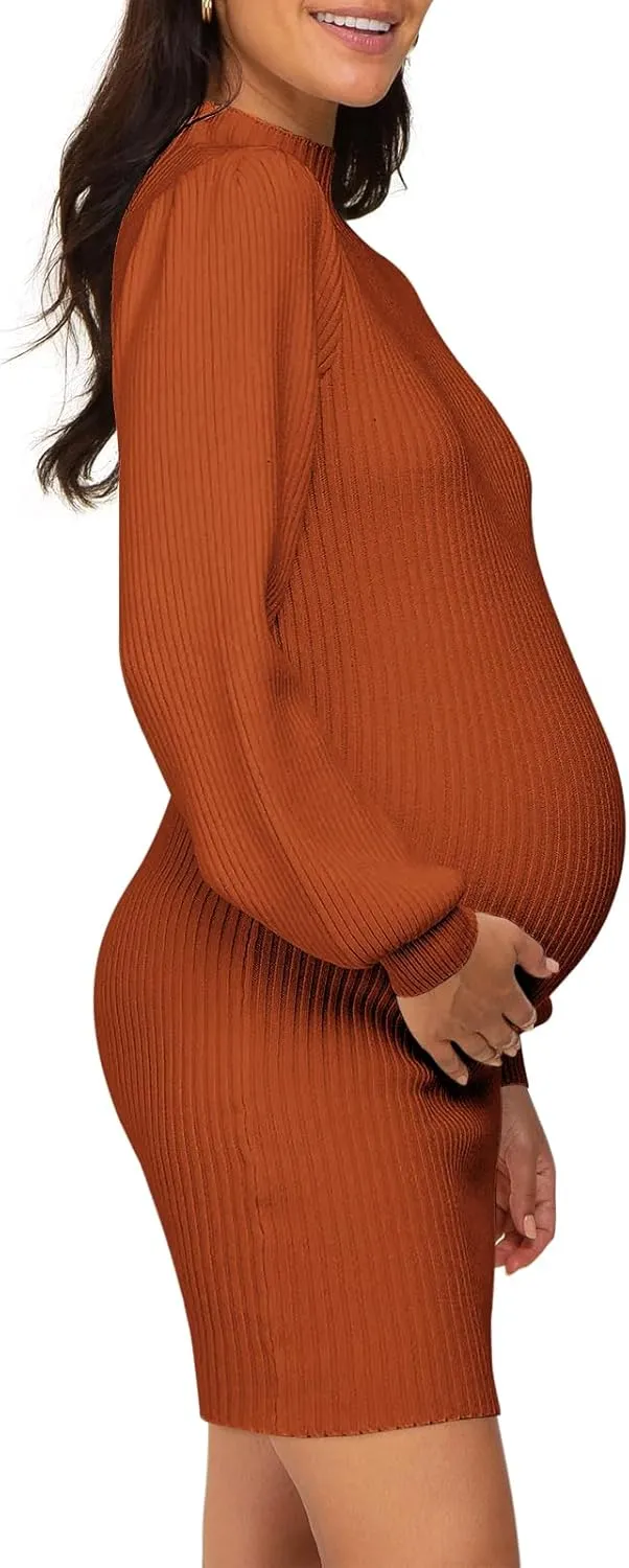 Lueluoye Maternity Sweater Dress for Pregnant Women Turtleneck Puff Sleeve Knit Slim Fit Bodycon Mini Dress