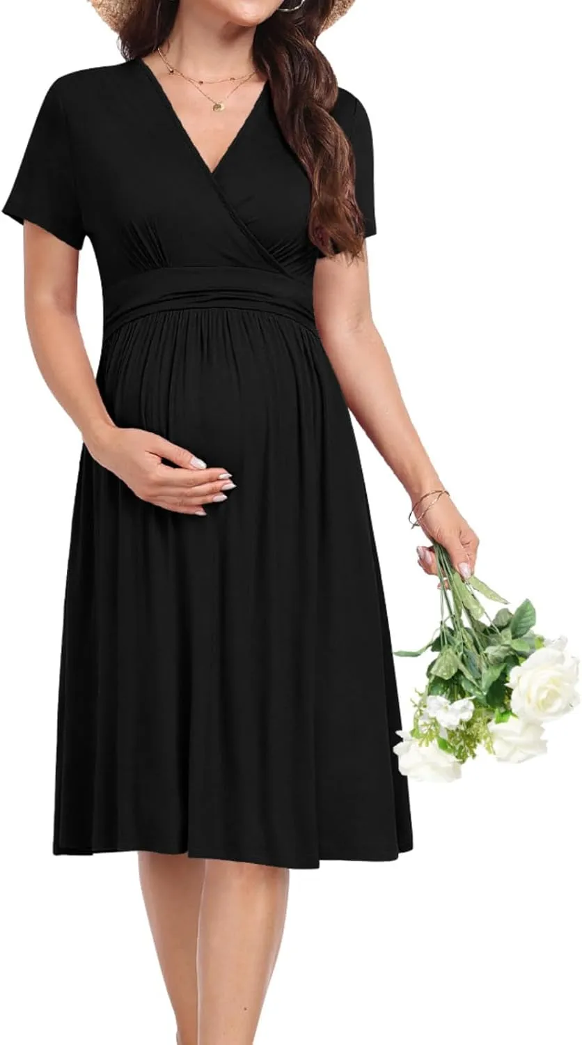 Maternity Casual Short Sleeve Party Dress Summer Wrap V Neck Baby Shower Photoshoot Pregnancy Nursing Dresses