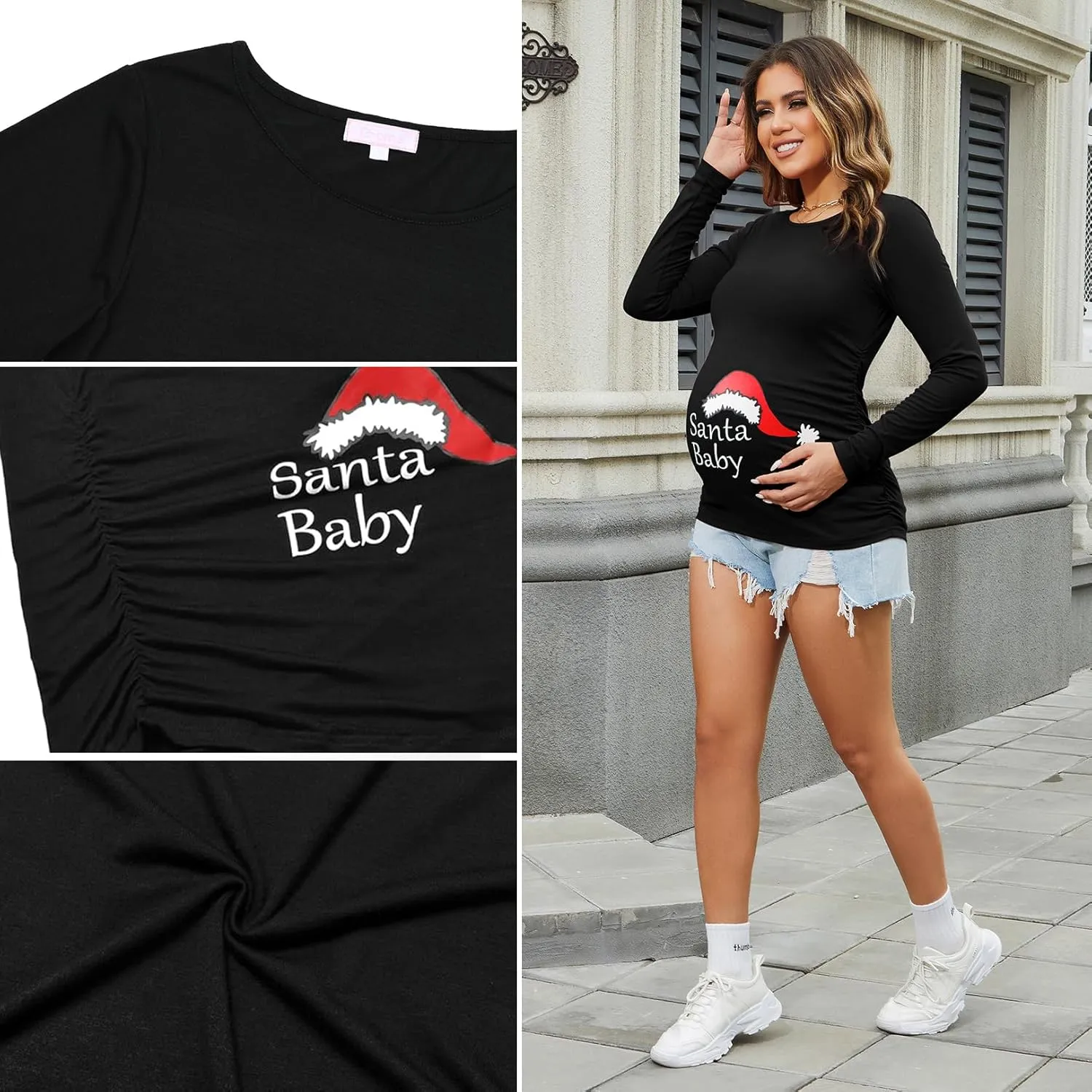 Maternity Shirt Long Sleeve Basic Top Ruch Sides Bodycon Tshirt for Pregnant Women