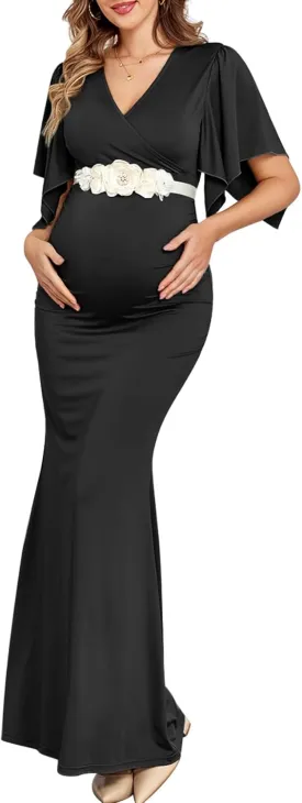 Maxi Maternity Dress with Flower Sash Semi Formal Baby Shower Wedding Guest V-Neck Handkerchief Sleeves Elegant