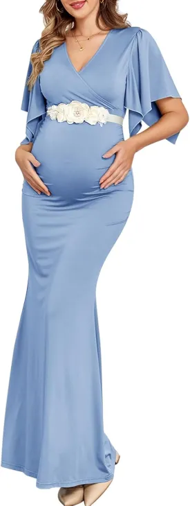 Maxi Maternity Dress with Flower Sash Semi Formal Baby Shower Wedding Guest V-Neck Handkerchief Sleeves Elegant
