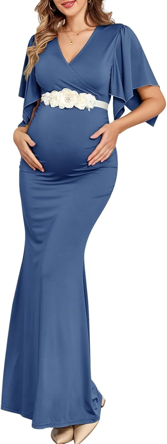 Maxi Maternity Dress with Flower Sash Semi Formal Baby Shower Wedding Guest V-Neck Handkerchief Sleeves Elegant