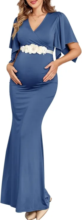 Maxi Maternity Dress with Flower Sash Semi Formal Baby Shower Wedding Guest V-Neck Handkerchief Sleeves Elegant