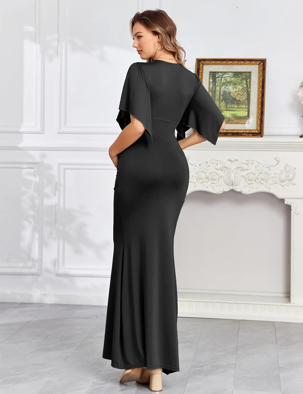 Maxi Maternity Dress with Flower Sash Semi Formal Baby Shower Wedding Guest V-Neck Handkerchief Sleeves Elegant
