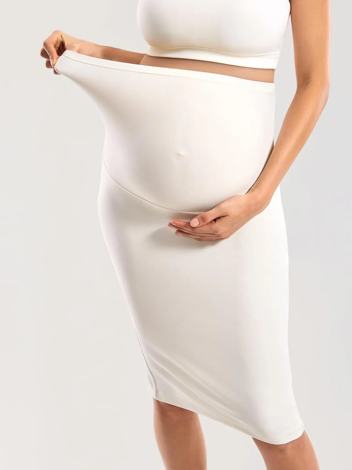 MOMANDA Women' s Maternity Skirt High Waist Midi Pencil Skirt with Slit Stretchy Pregnancy Casual