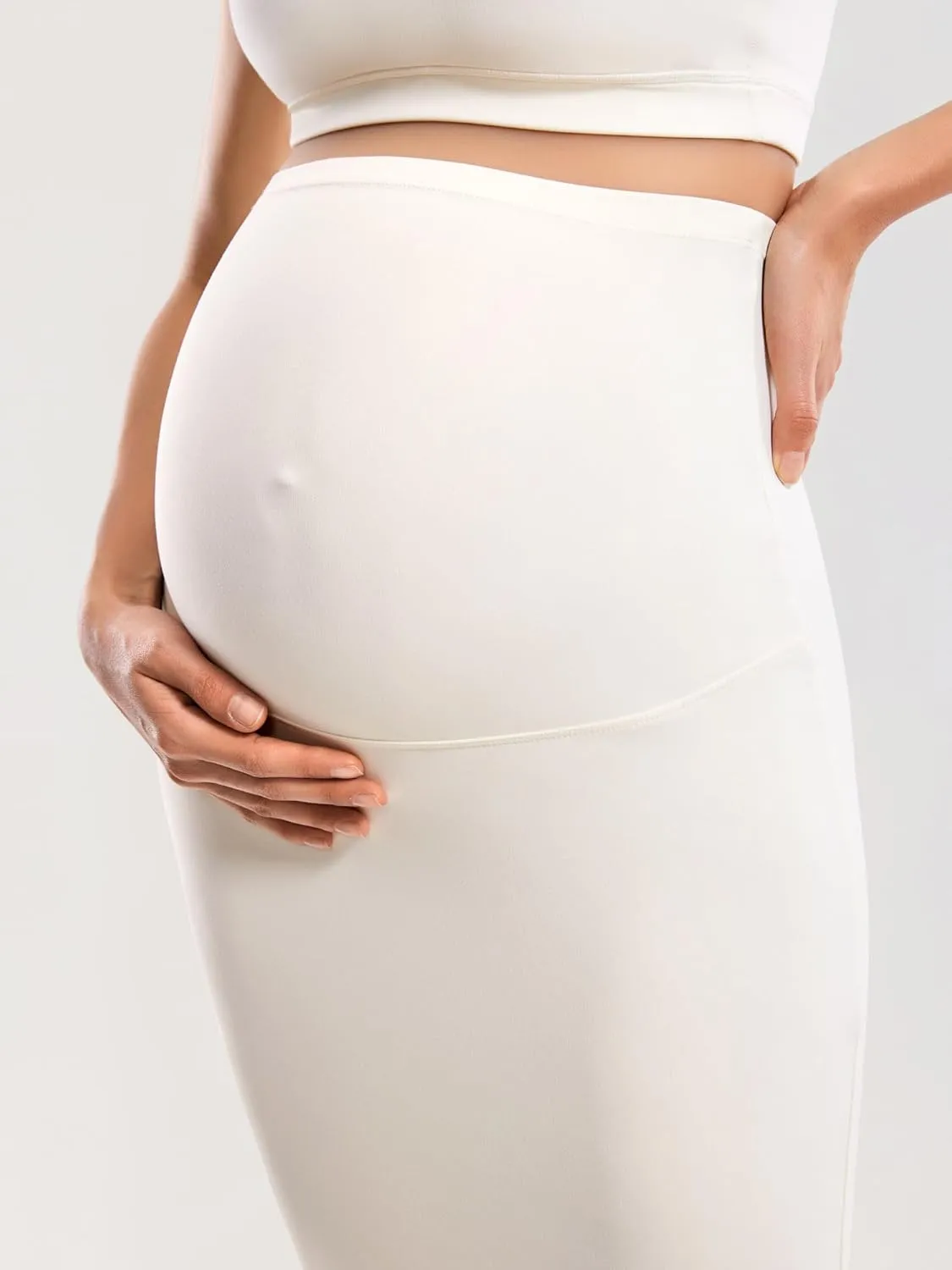 MOMANDA Women' s Maternity Skirt High Waist Midi Pencil Skirt with Slit Stretchy Pregnancy Casual