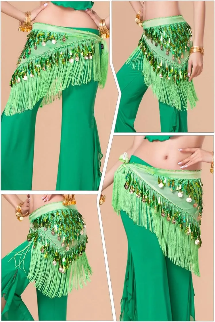 MUNAFIE Belly Dance Hip Scarf with Tassels Sequins, Triangle Coins Wrap Skirt Music Festival Clothing Skirt