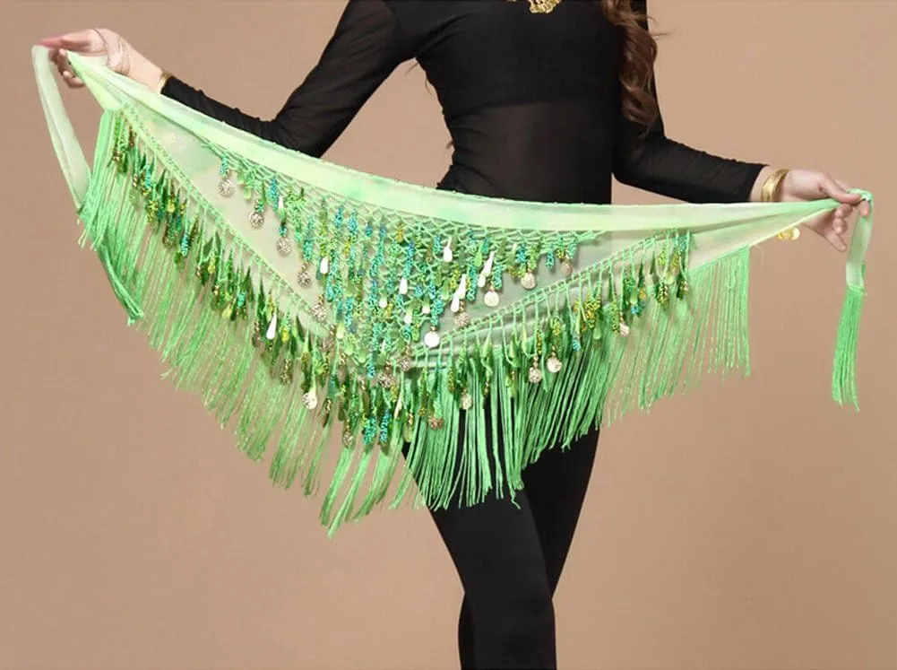 MUNAFIE Belly Dance Hip Scarf with Tassels Sequins, Triangle Coins Wrap Skirt Music Festival Clothing Skirt