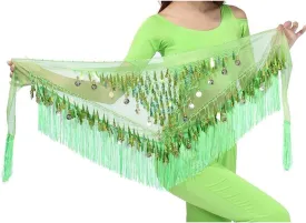 MUNAFIE Belly Dance Hip Scarf with Tassels Sequins, Triangle Coins Wrap Skirt Music Festival Clothing Skirt
