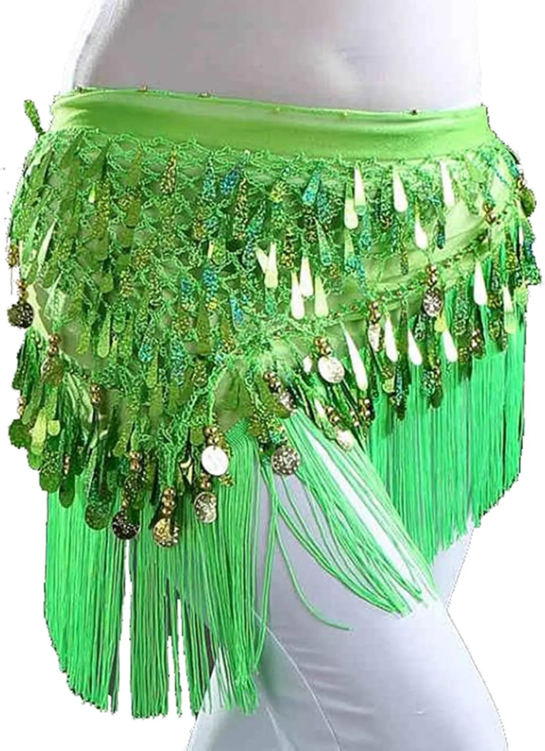 MUNAFIE Belly Dance Hip Scarf with Tassels Sequins, Triangle Coins Wrap Skirt Music Festival Clothing Skirt
