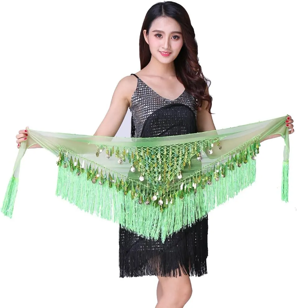 MUNAFIE Belly Dance Hip Scarf with Tassels Sequins, Triangle Coins Wrap Skirt Music Festival Clothing Skirt