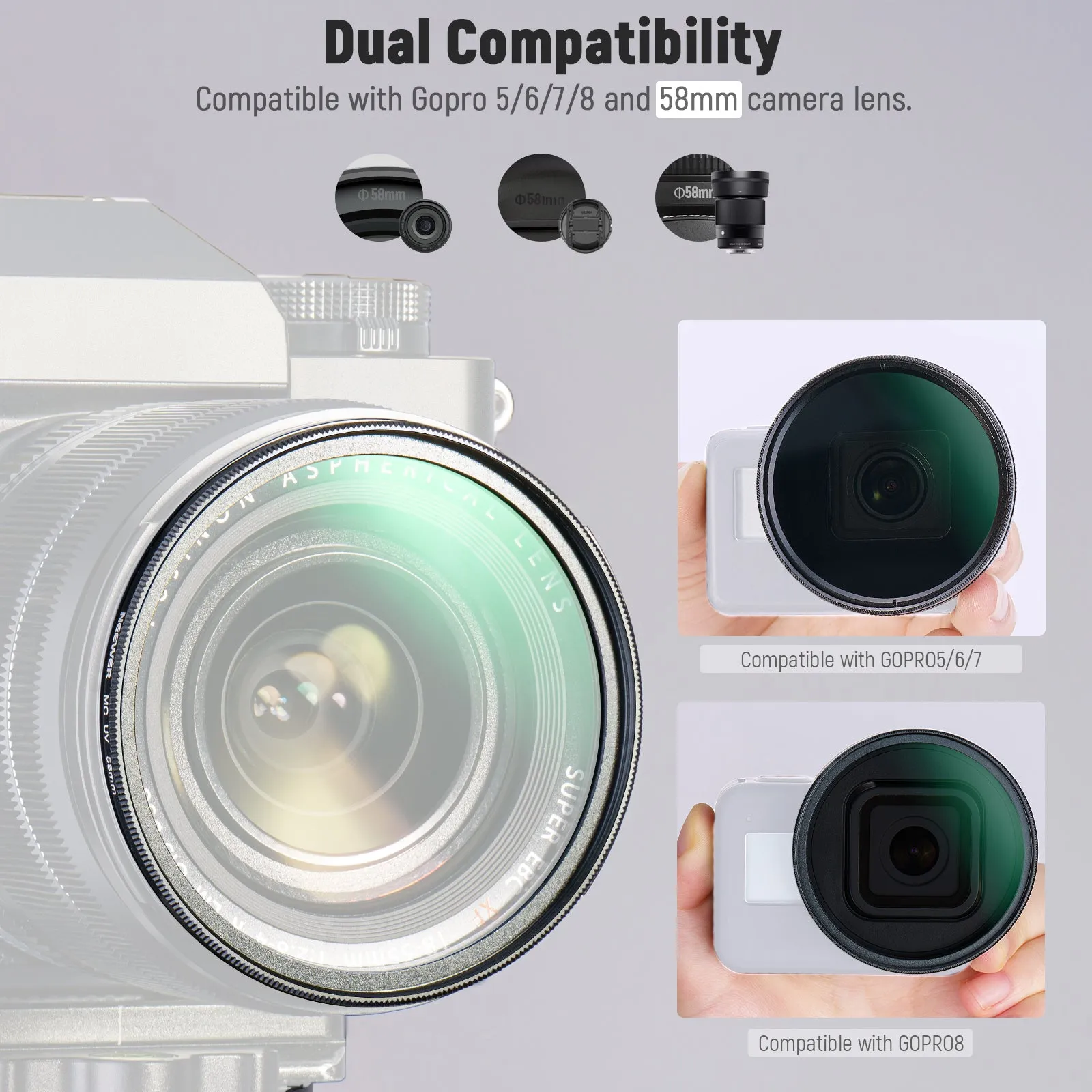 NEEWER 58mm Lens Filter Kit Compatible with GoPro Hero 8 7 6 5