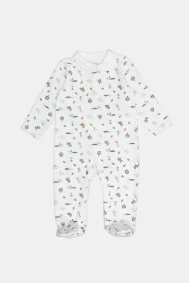Newborn White Collared Printed Sleepsuit