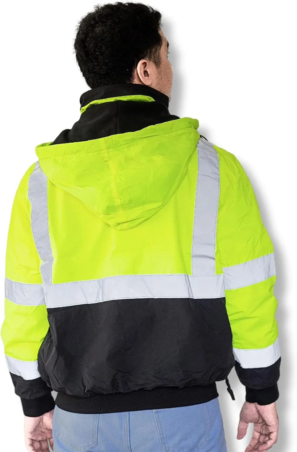 North 15 Men's High Visibility Reflectrd Hooded Safety Bomber Jacket, Fleece Lined