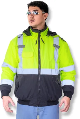North 15 Men's High Visibility Reflectrd Hooded Safety Bomber Jacket, Fleece Lined