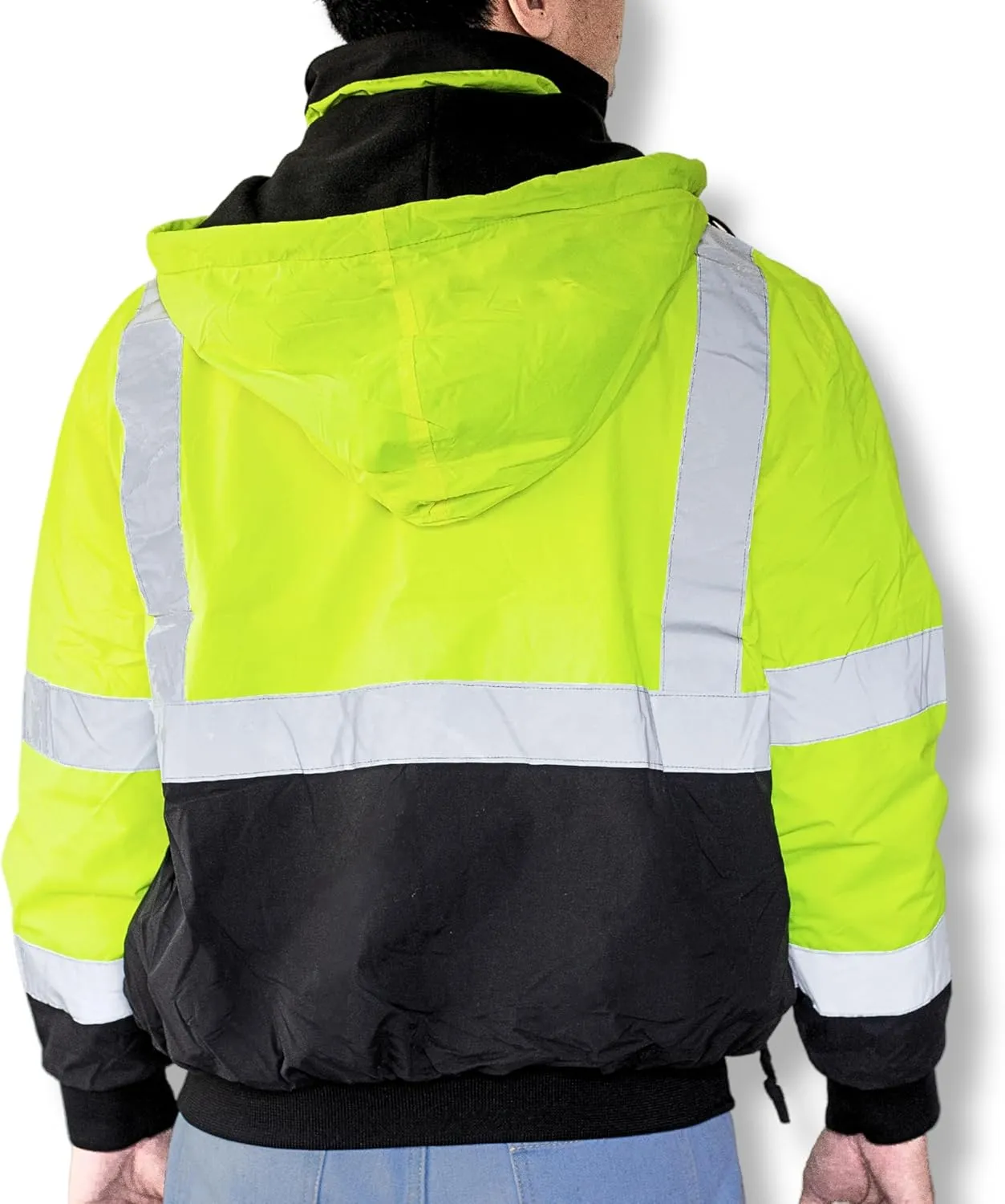 North 15 Men's High Visibility Reflectrd Hooded Safety Bomber Jacket, Fleece Lined