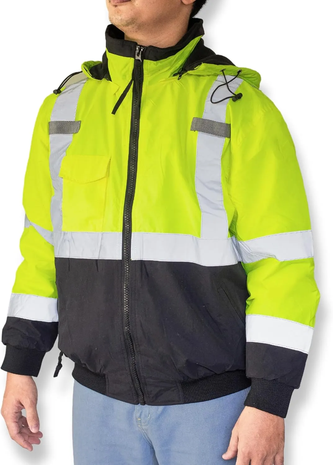 North 15 Men's High Visibility Reflectrd Hooded Safety Bomber Jacket, Fleece Lined