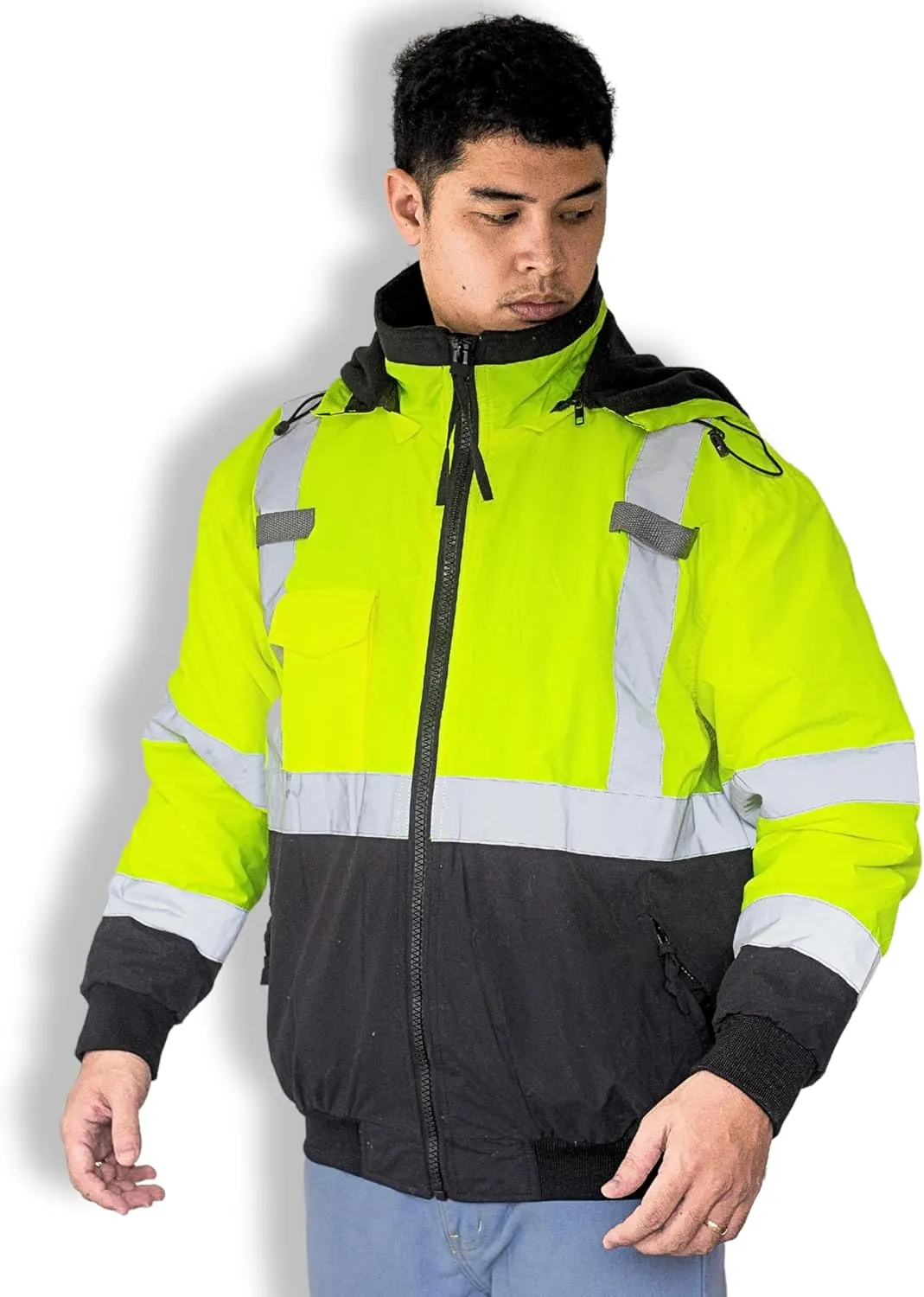 North 15 Men's High Visibility Reflectrd Hooded Safety Bomber Jacket, Fleece Lined