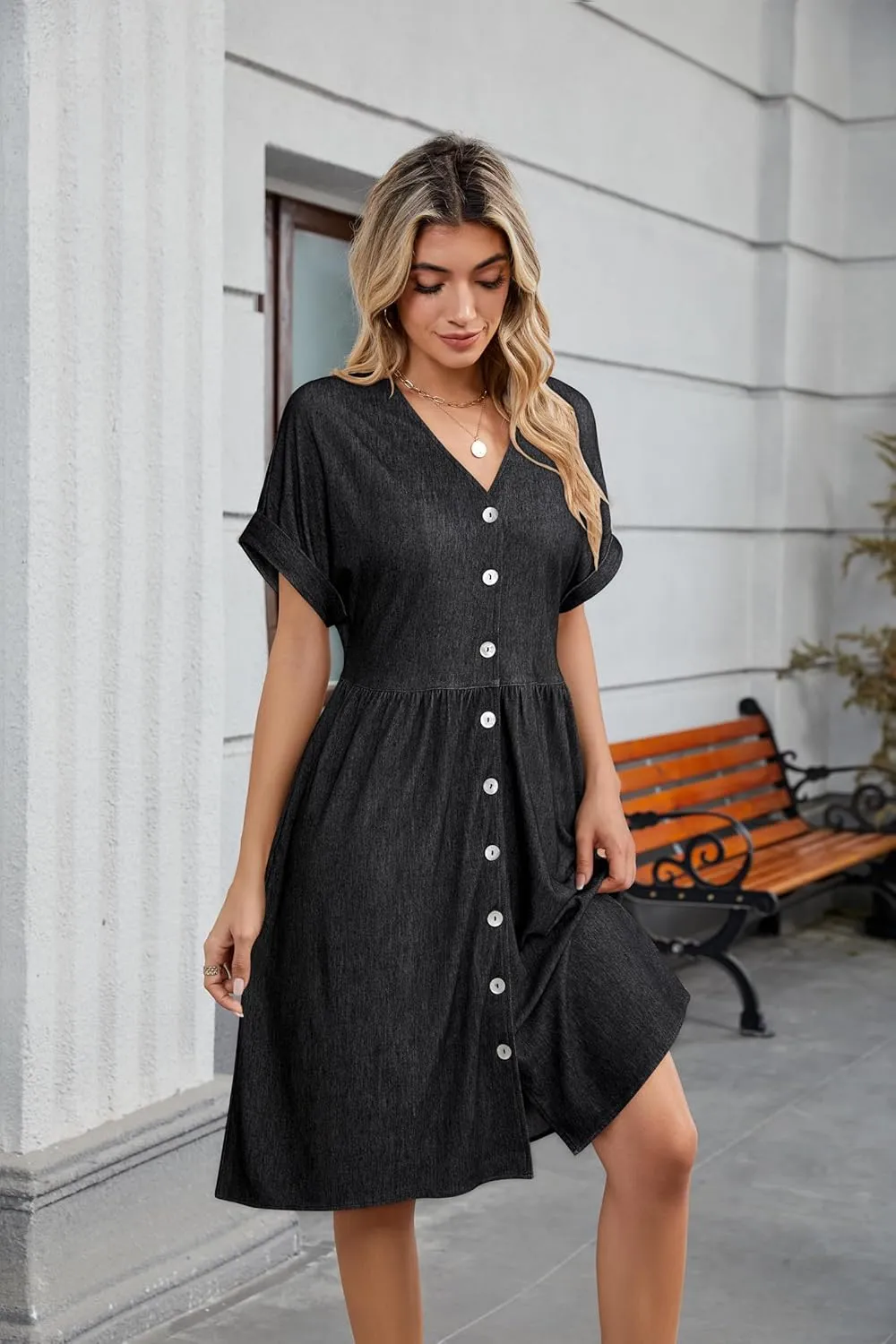 OUGES Womens 2025 Summer Maternity Dress Short Sleeve V Neck Button Down Pregnancy Casual Maternity Clothes with Pockets