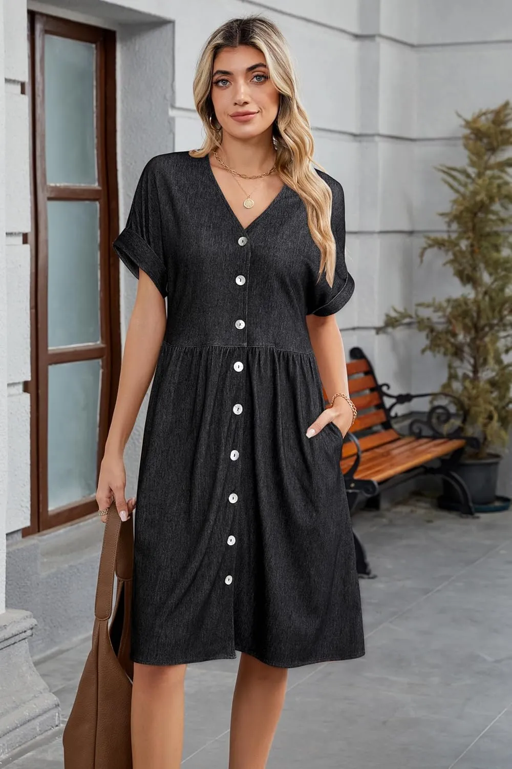 OUGES Womens 2025 Summer Maternity Dress Short Sleeve V Neck Button Down Pregnancy Casual Maternity Clothes with Pockets