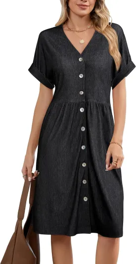 OUGES Womens 2025 Summer Maternity Dress Short Sleeve V Neck Button Down Pregnancy Casual Maternity Clothes with Pockets