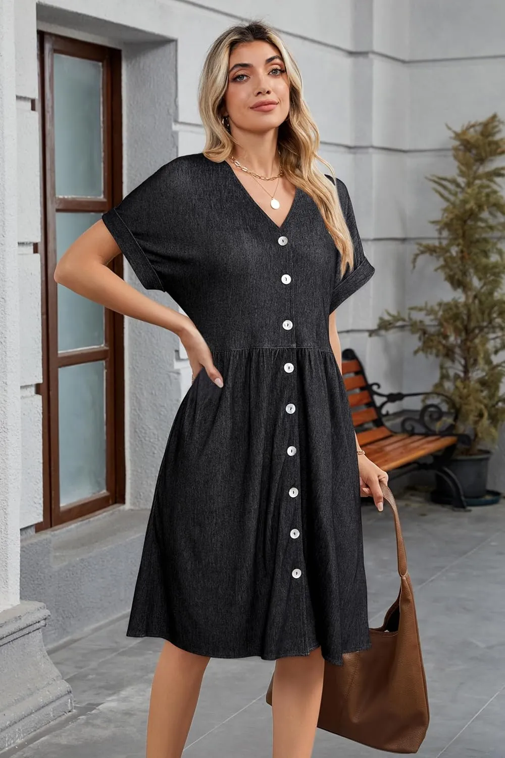 OUGES Womens 2025 Summer Maternity Dress Short Sleeve V Neck Button Down Pregnancy Casual Maternity Clothes with Pockets