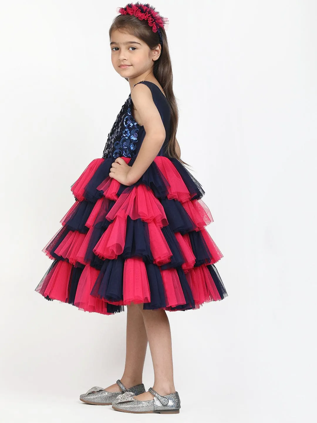 Pink & Navy Sequance Flared dress