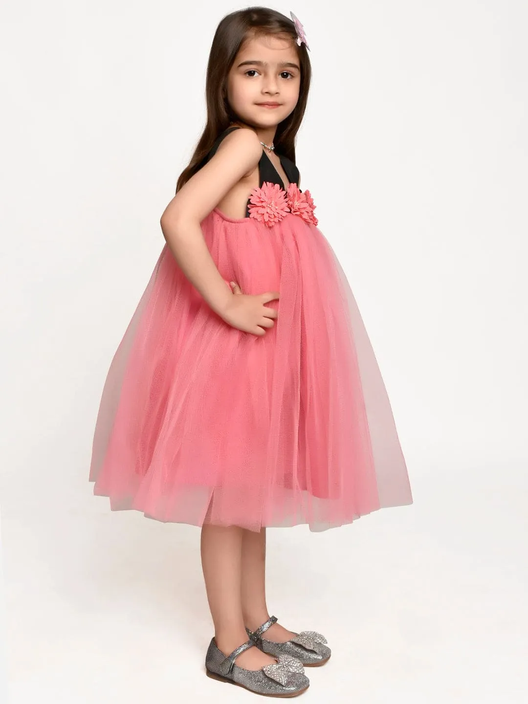 Pink Flower embelished Net Partywear Dress