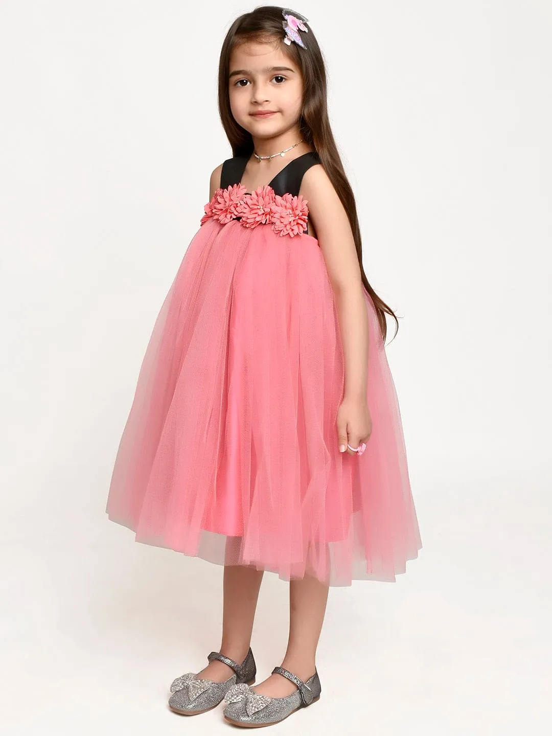 Pink Flower embelished Net Partywear Dress