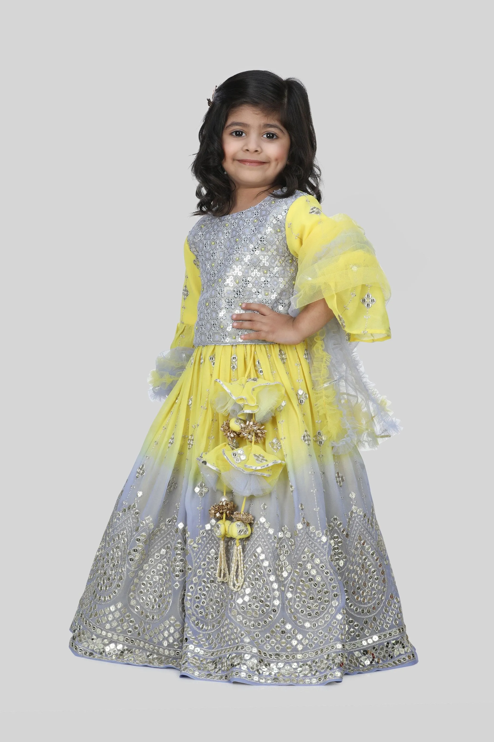 Pre-Order:  Lavender and Yellow Color Tie Dye Lehenga Choli with Dupatta