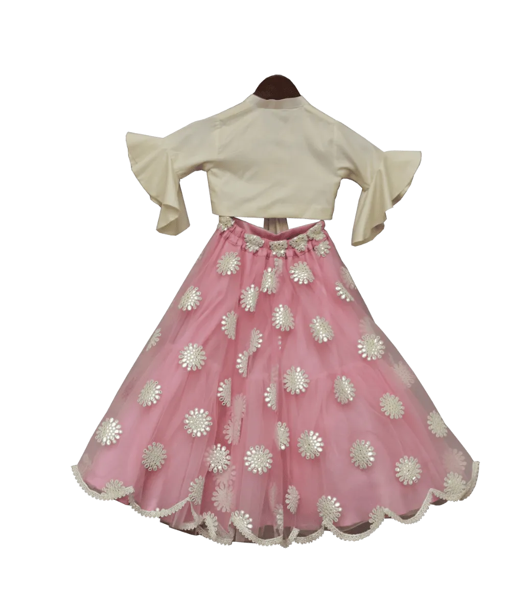 Pre Order: Off-White Top with Pink Embroidery Net Lehenga