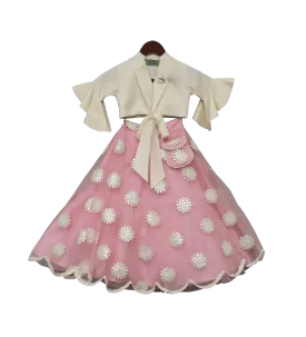 Pre Order: Off-White Top with Pink Embroidery Net Lehenga
