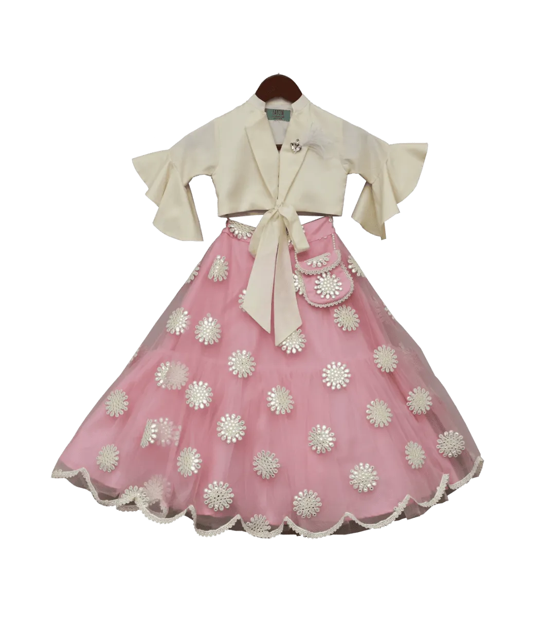 Pre Order: Off-White Top with Pink Embroidery Net Lehenga