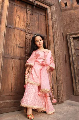 Pre Order: Peach Sequence Embroidery Kurti Sharara