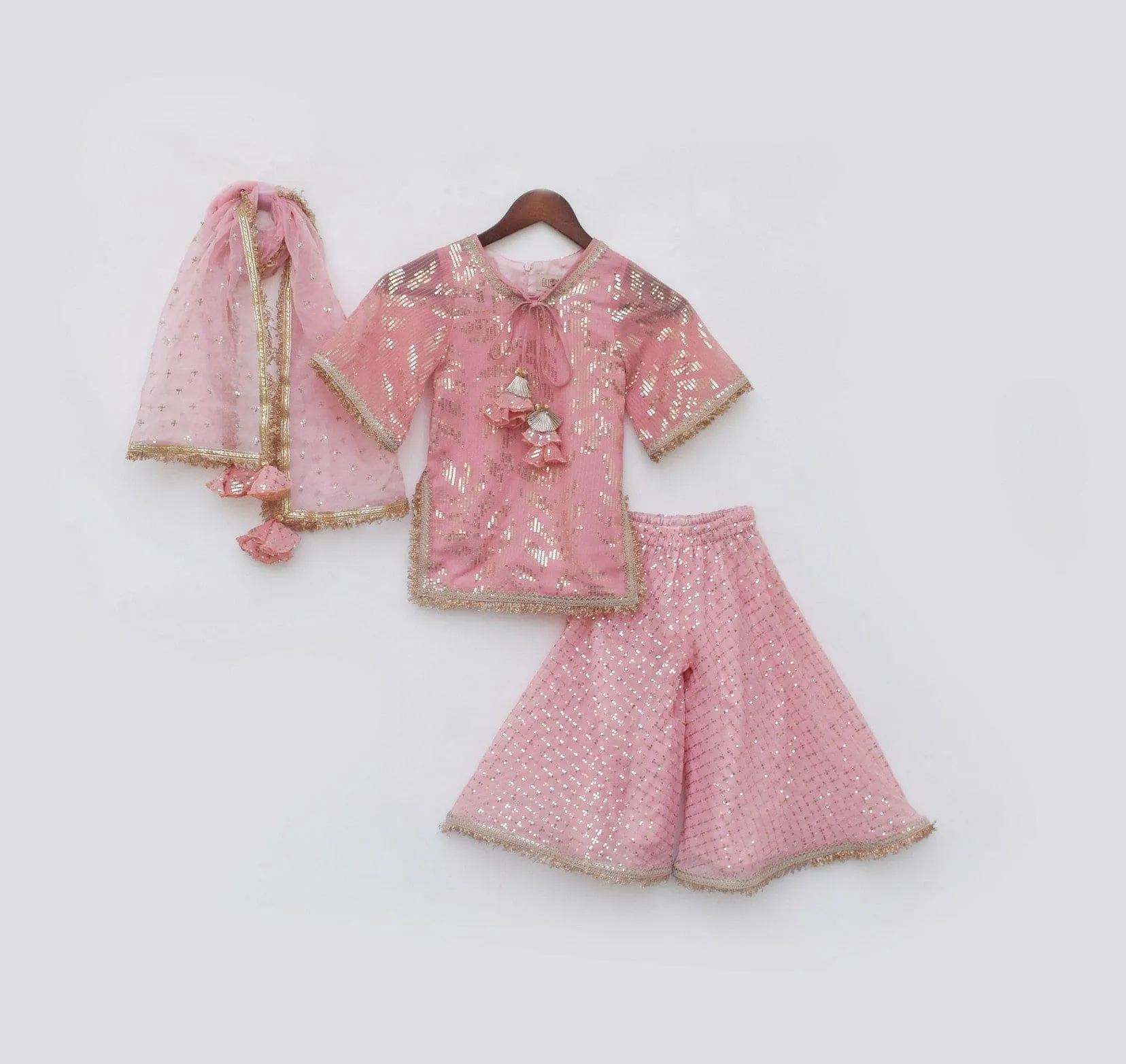 Pre Order: Peach Sequence Embroidery Kurti Sharara