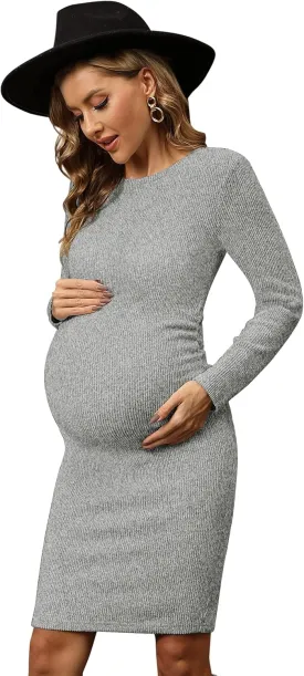 Ribbed Knit Long Sleeve Maternity Sweater Dress with Side Ruching, Maternity Dress for Photoshoot Fall & Winter