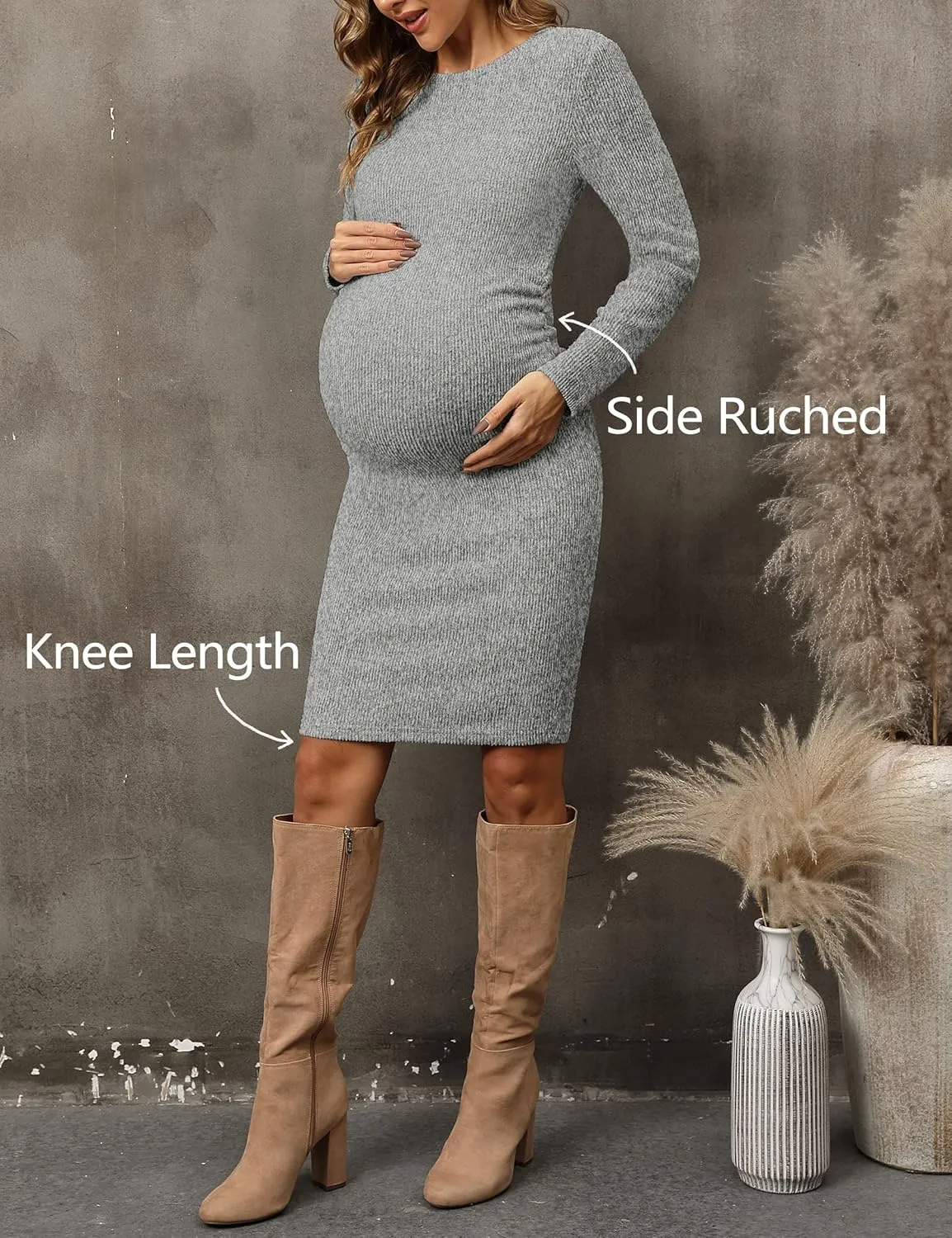 Ribbed Knit Long Sleeve Maternity Sweater Dress with Side Ruching, Maternity Dress for Photoshoot Fall & Winter