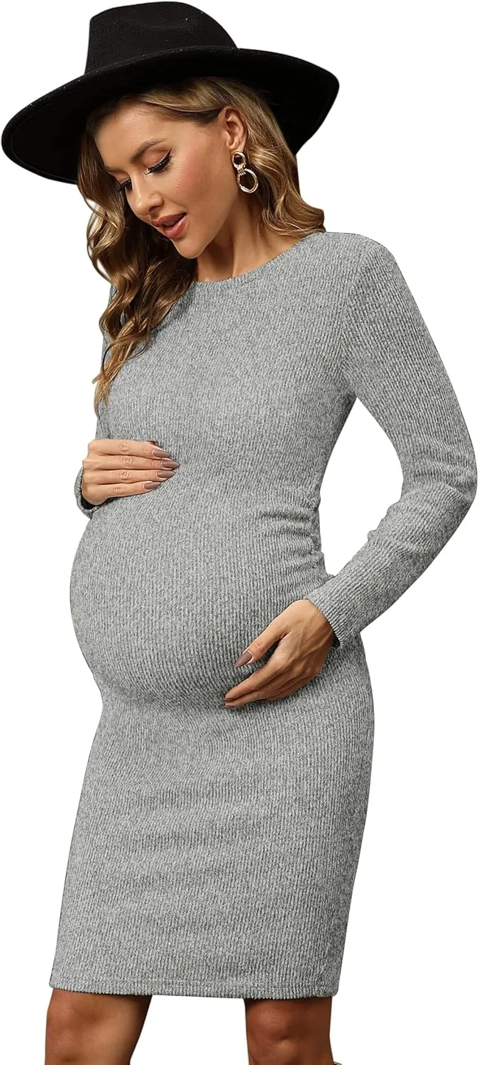 Ribbed Knit Long Sleeve Maternity Sweater Dress with Side Ruching, Maternity Dress for Photoshoot Fall & Winter