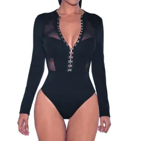 'Roxanne' Black Hook and Eye Goth Mesh Long Sleeved Bodysuit